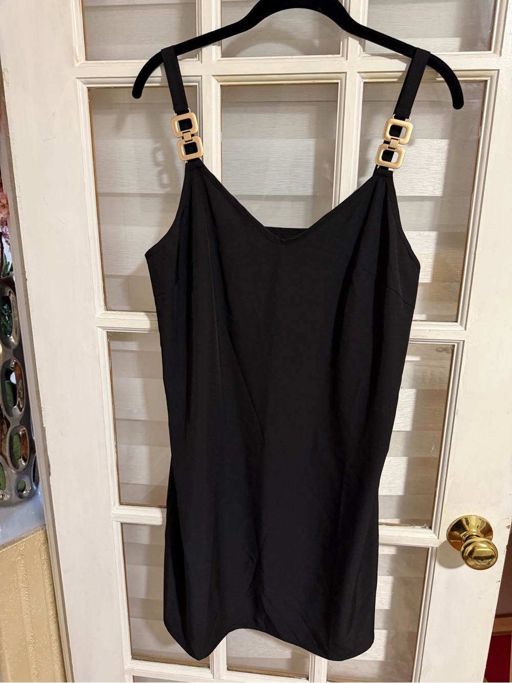 Black Slip Dress with Gold Buckle Straps